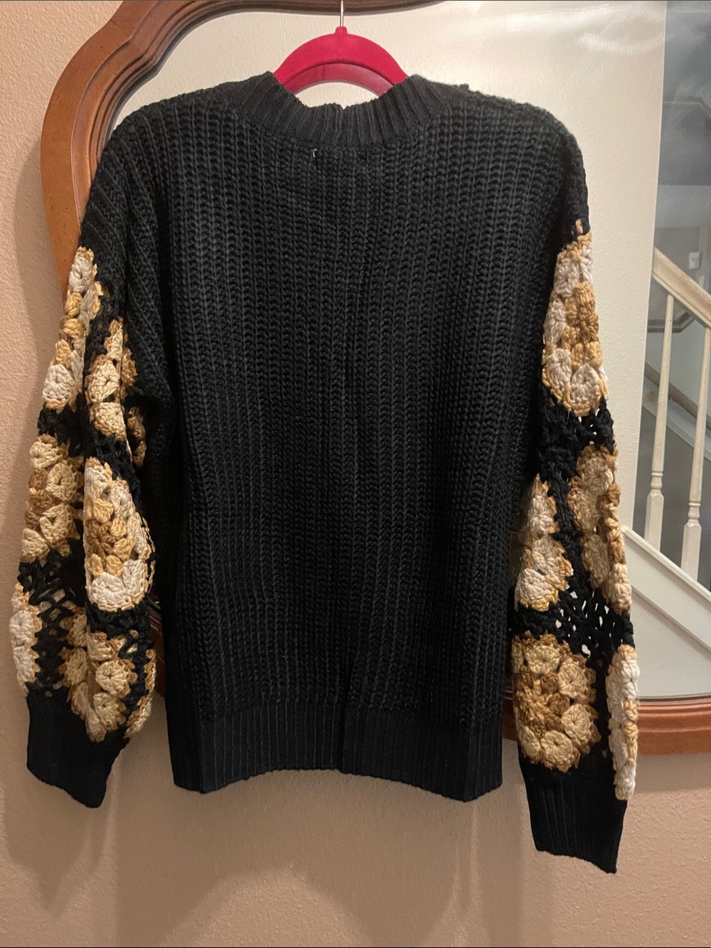 ADORA Black Cardigan with Cream and Brown Crochet Sleeve Accents - Picture 6 of 8